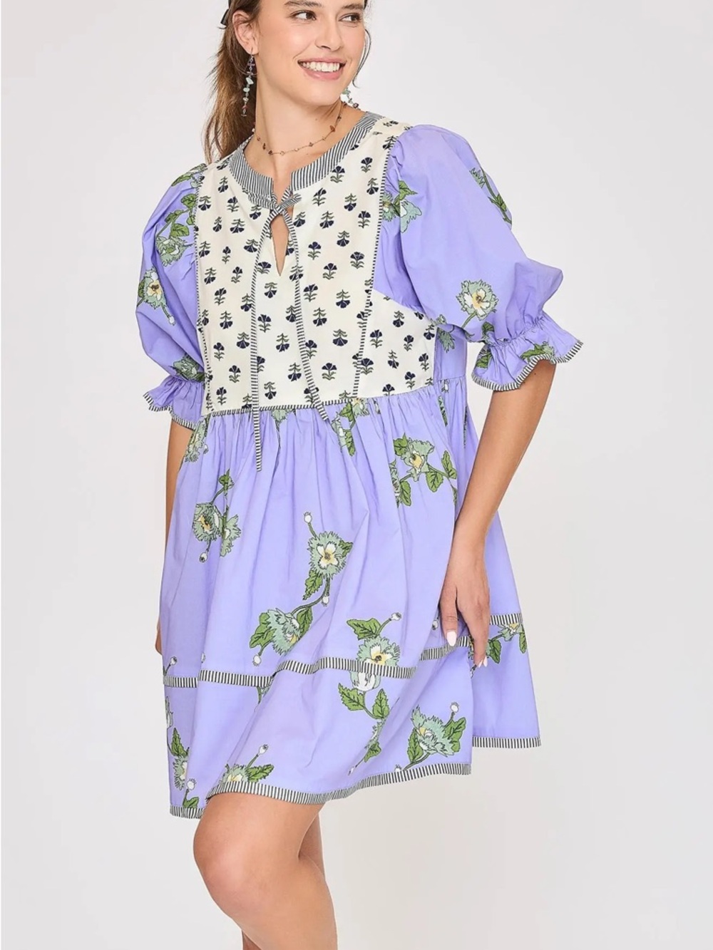 Umgee periwinkle Floral Cotton Dress with Green Accents